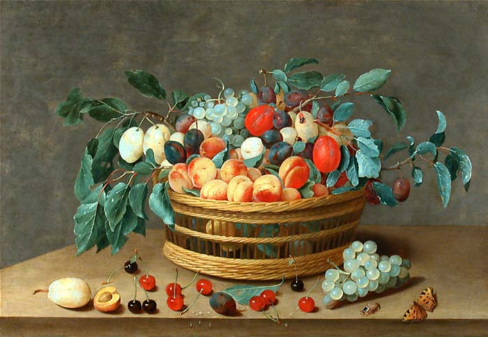 Isaak Soreau Basket with fruit and plum leaves